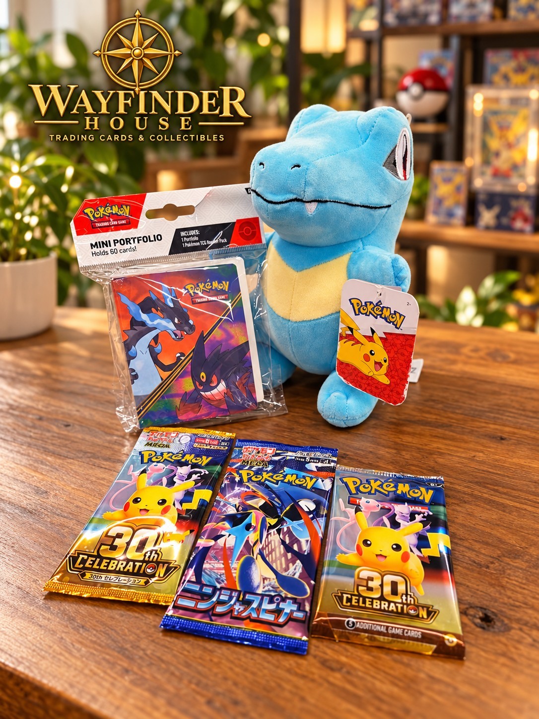 Pokemon 30th Celebration Gift Set Totodile Plush Portfolio 3 Packs Gift Wrapped