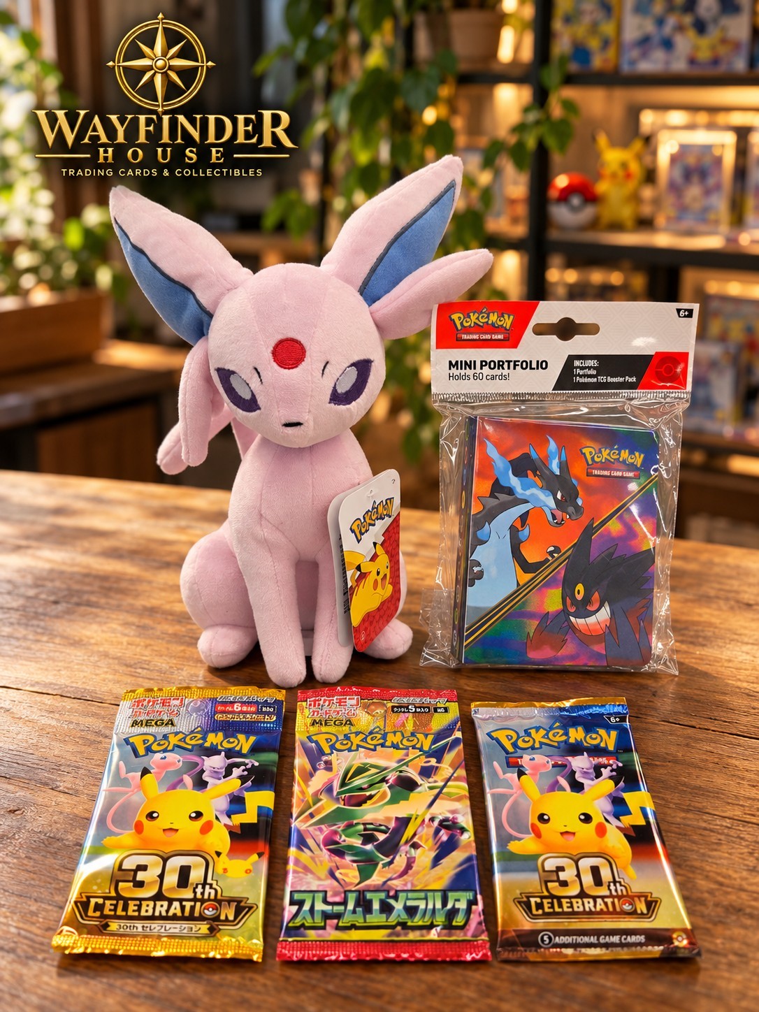 Pokemon 30th Celebration Gift Set Espeon Plush Mini Portfolio & 3 Booster Packs