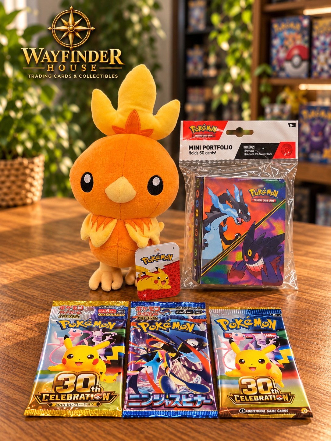 Pokemon 30th Celebration Gift Set Torchic Plush Mini Portfolio & 3 Booster Packs